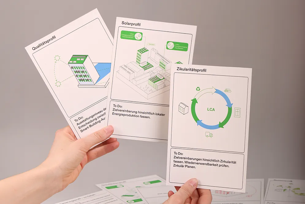 Three action cards: Qualitaetsprofil Solarprofil Zirkularitaetsprofil